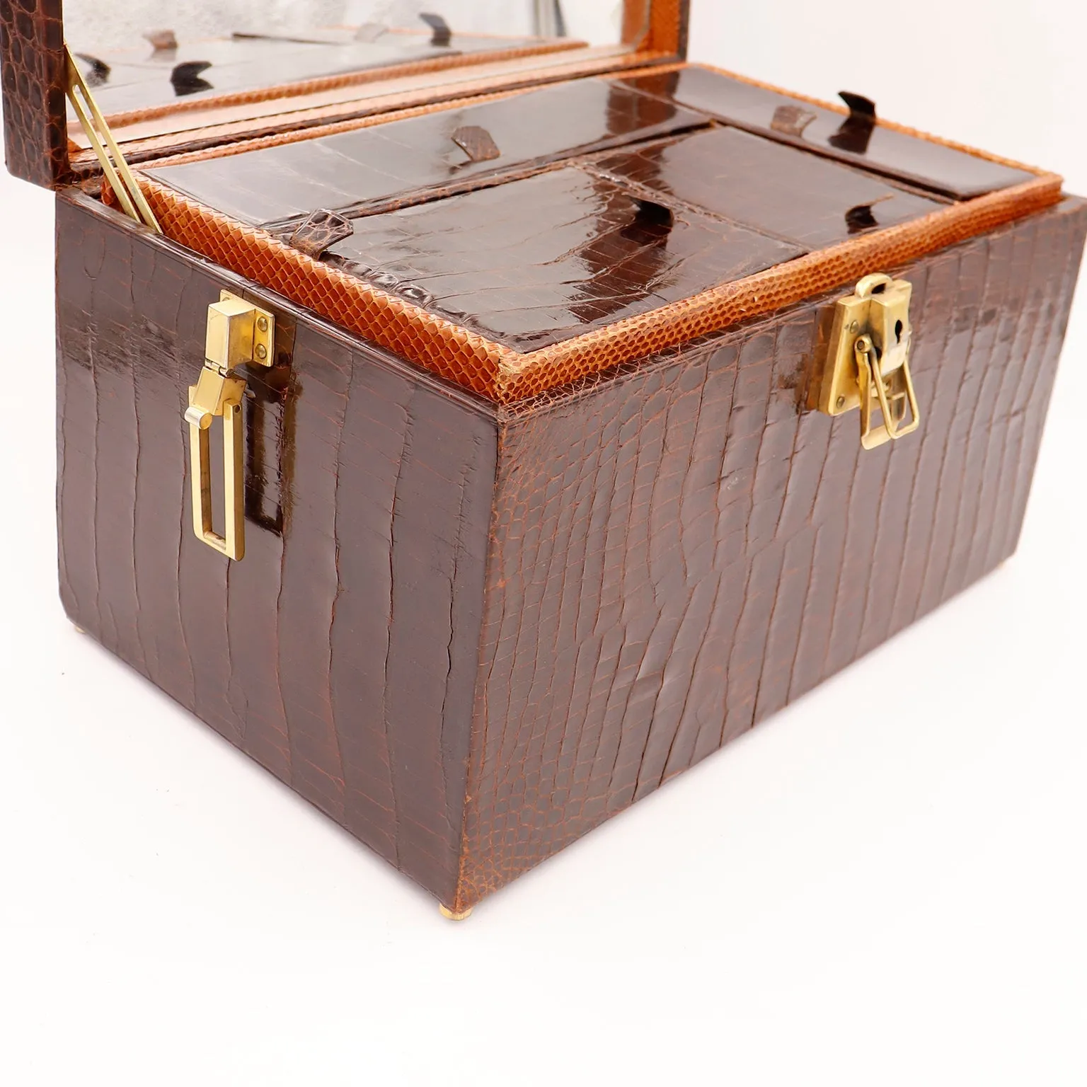 1930s Genuine Alligator Vanity Train Case W Snakeskin Lining & Removable Inserts