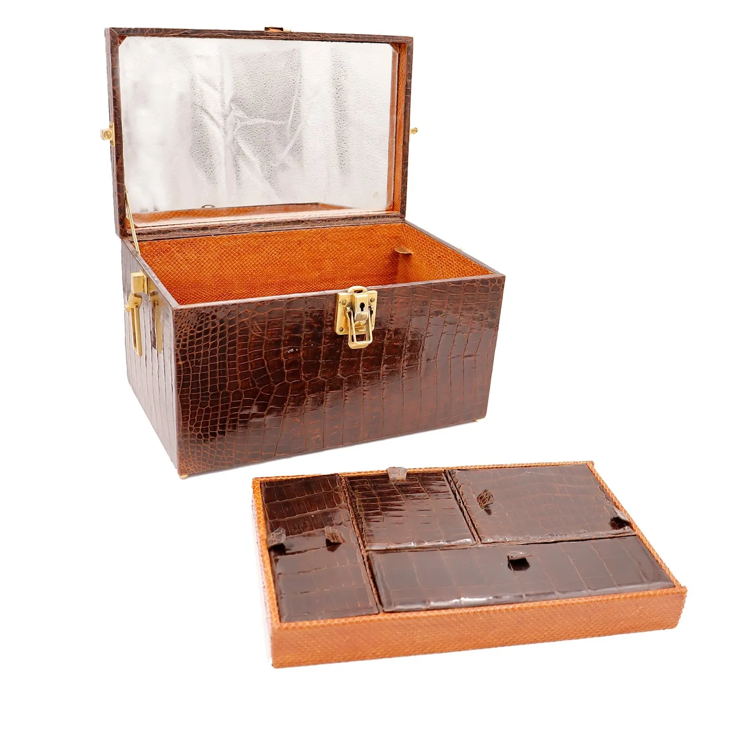 1930s Genuine Alligator Vanity Train Case W Snakeskin Lining & Removable Inserts