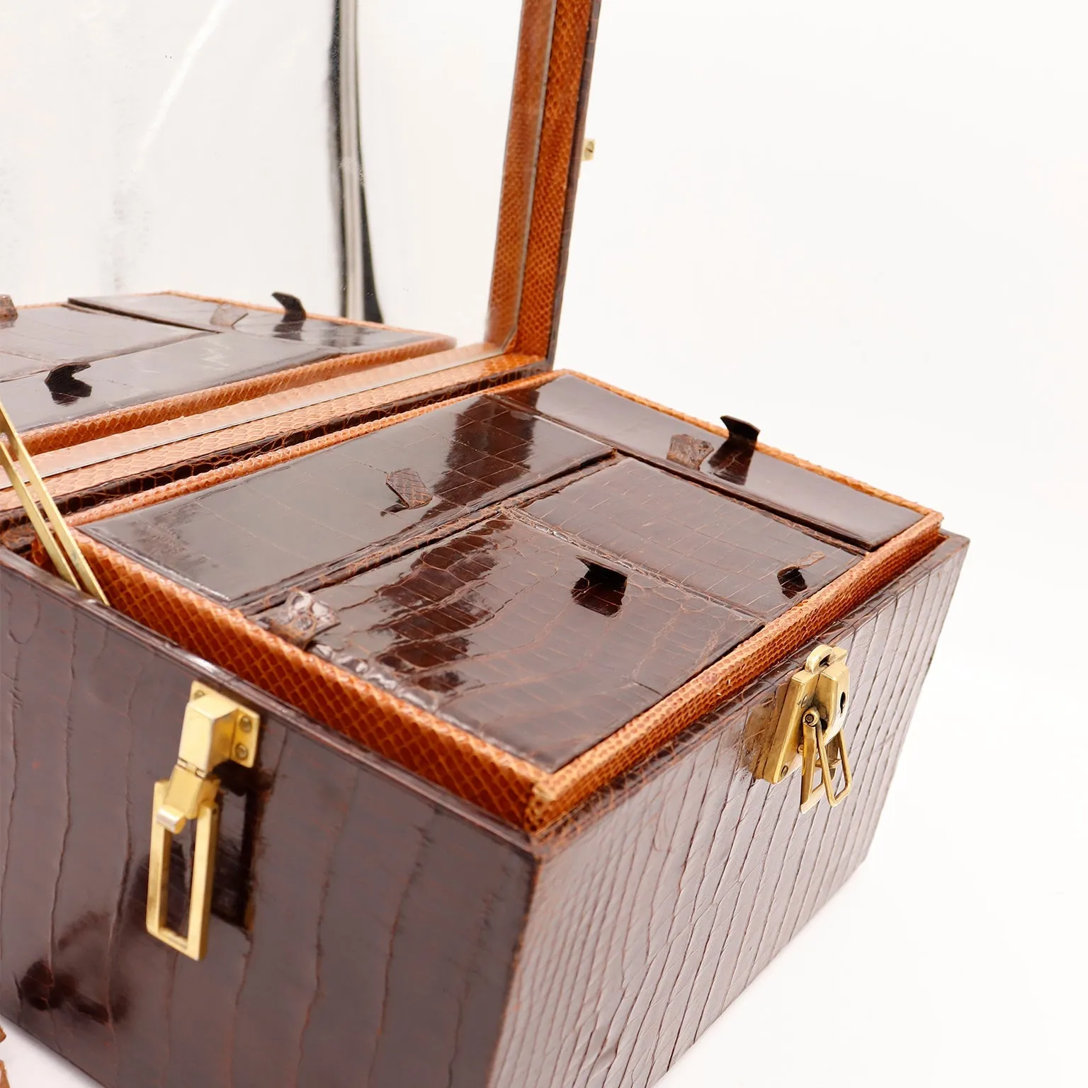 1930s Genuine Alligator Vanity Train Case W Snakeskin Lining & Removable Inserts