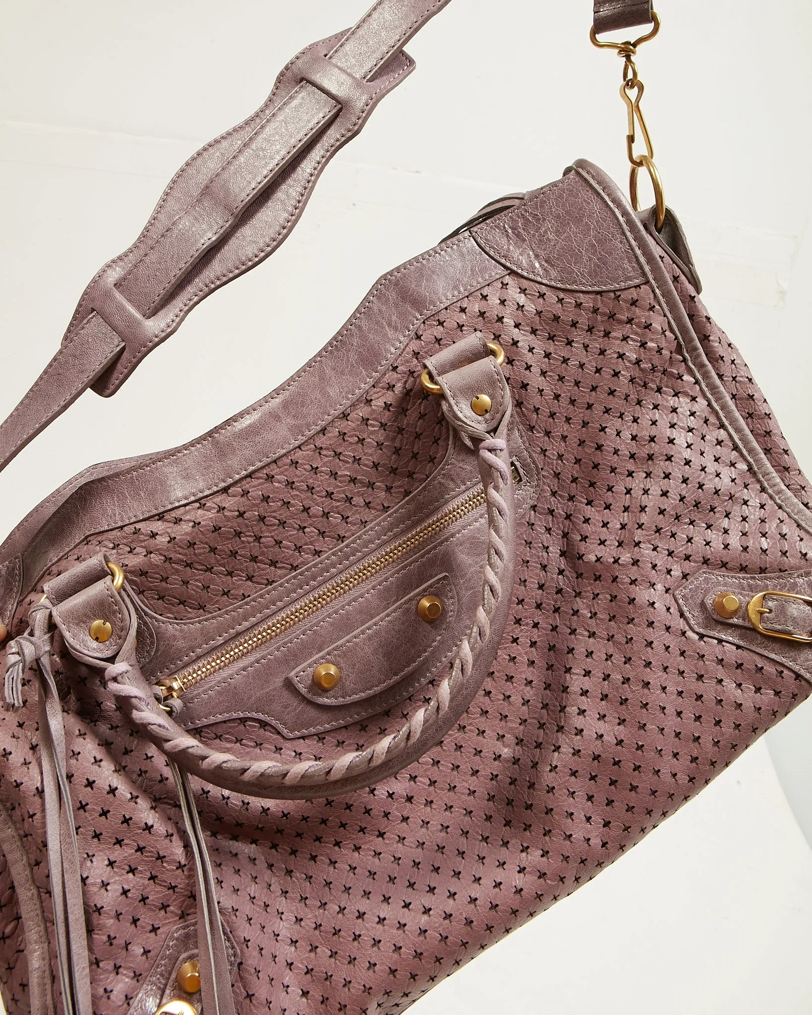 Balenciaga Purple Perforated Leather City Motocross Bag