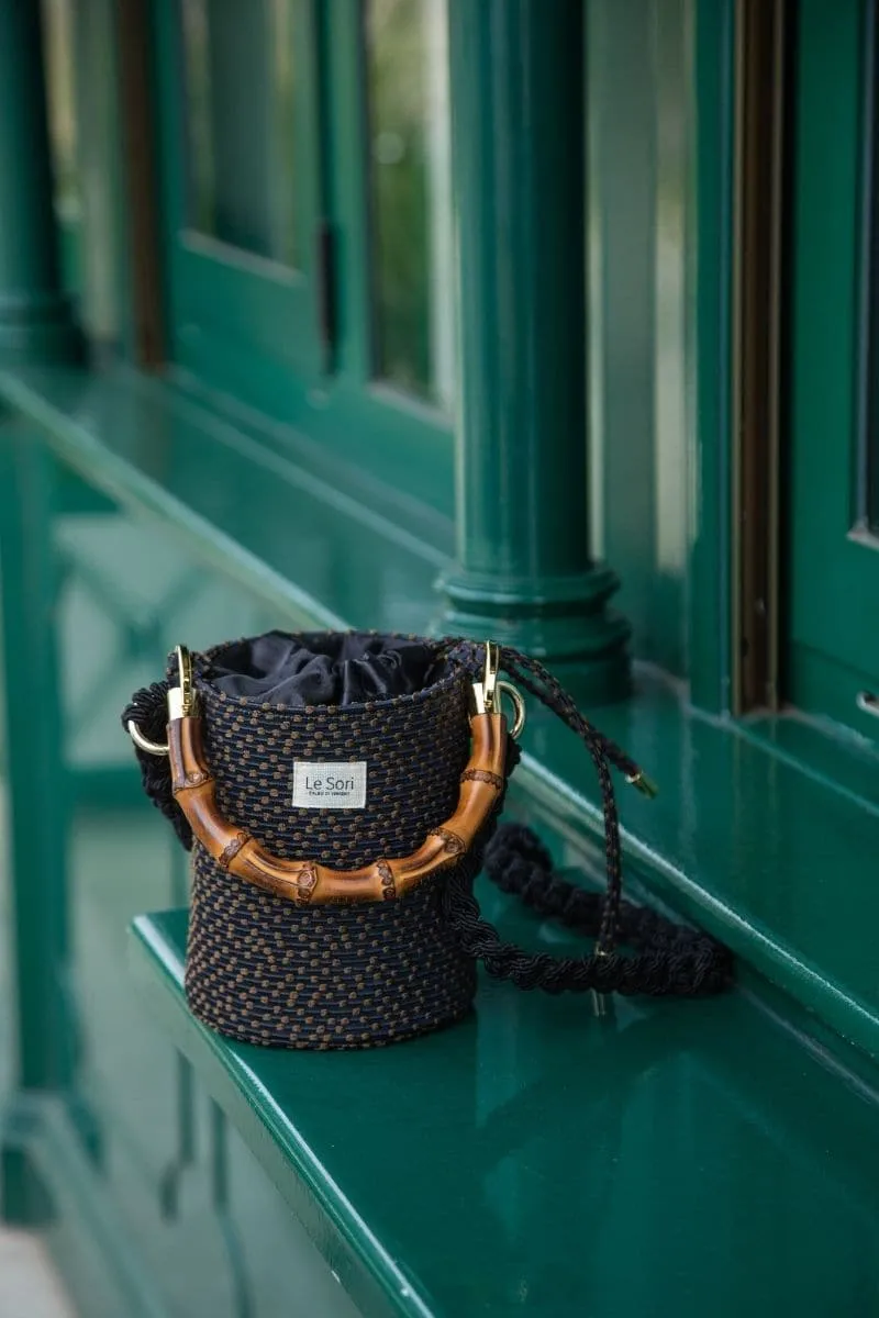 BLACK ERA LEATHER AND FABRIC BUCKET BAG