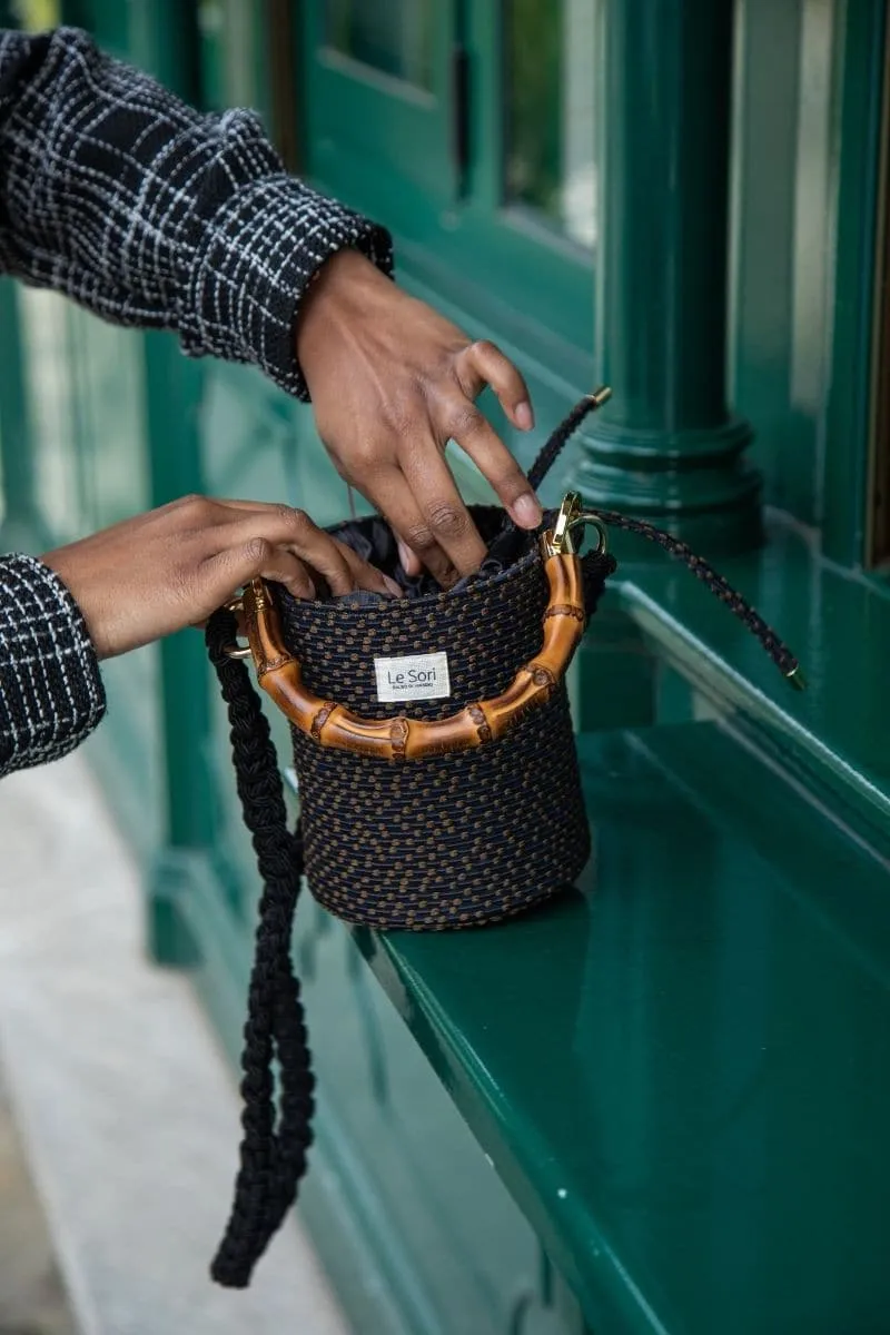 BLACK ERA LEATHER AND FABRIC BUCKET BAG