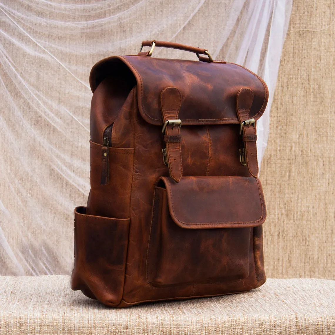 Dazzlo Handmade Leather Backpack - Brown - 12"