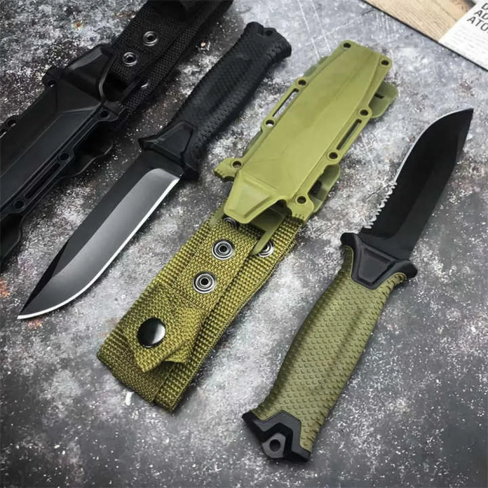 Fixed Bushcraft Knife with Sheath & Buckle, Drop-Point Blade, Plain Edge, Sharp Serrated, Rubberized Handle with Full Tang Knife Blad Gerber Knife