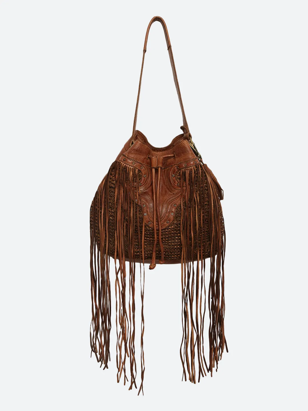 Genuine Cognac Leather Bucket Bag