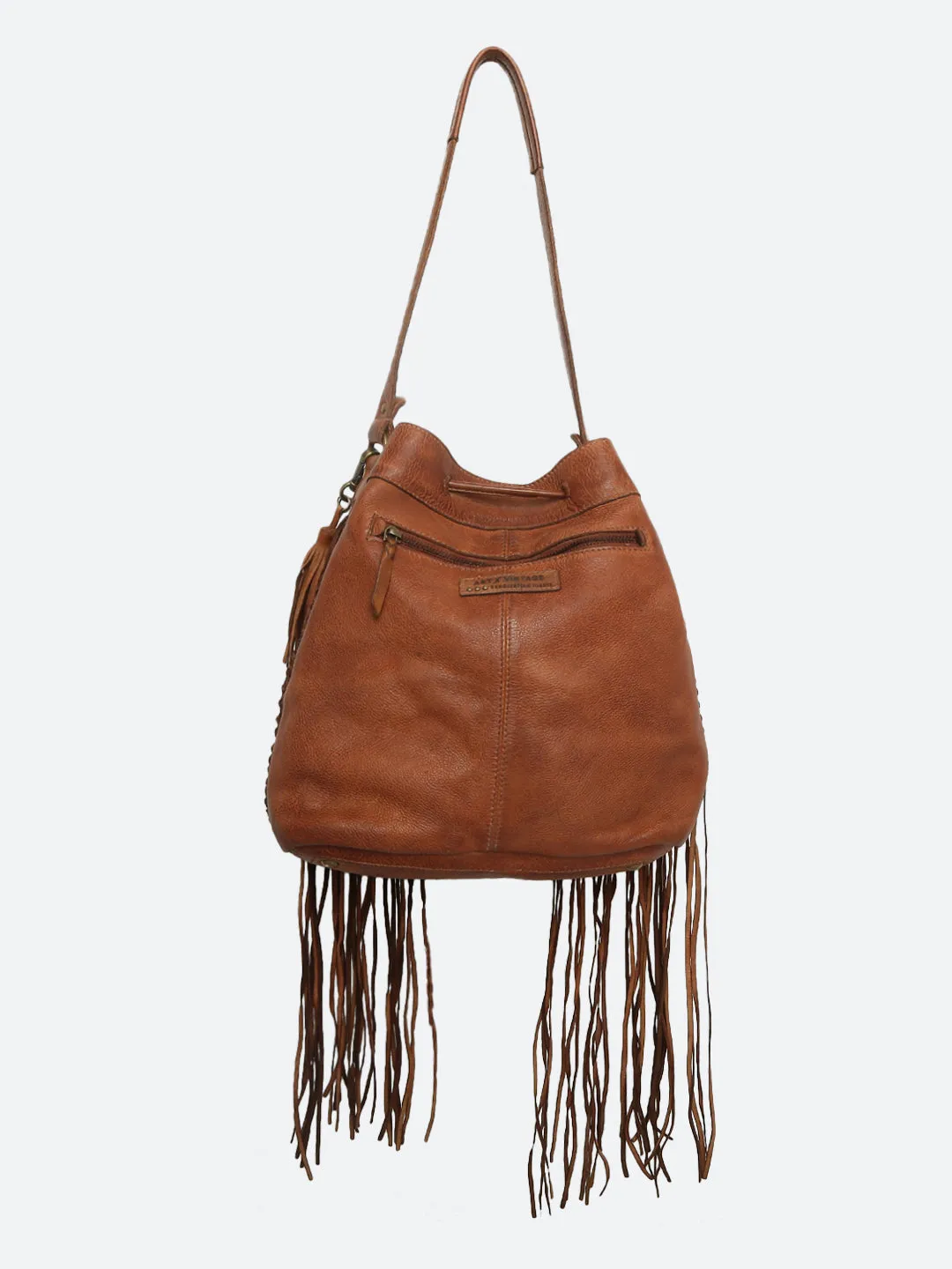 Genuine Cognac Leather Bucket Bag