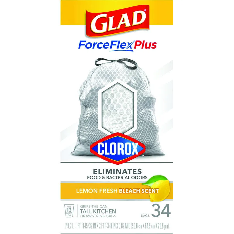 Glad Force Flex Plus 13 gal Lemon Scent Tall Kitchen Bags Drawstring 34 pk 0.82 mil