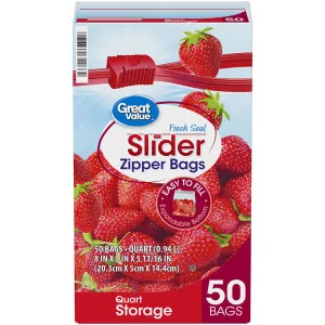 Great Value Quart Storage Fresh Seal Slider Zipper Bags, 50 Count