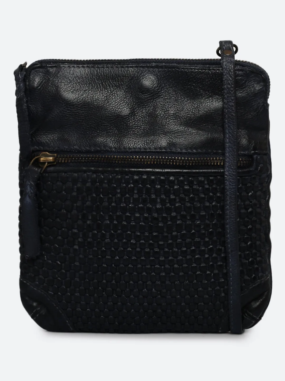 Ilana: Navy Blue Mini Crossbody Bag With Mini Square Weave