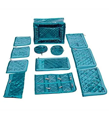 Kuber Industries Fabric Jewellery Kit Locker with Pouches (Blue) - 12 Piece