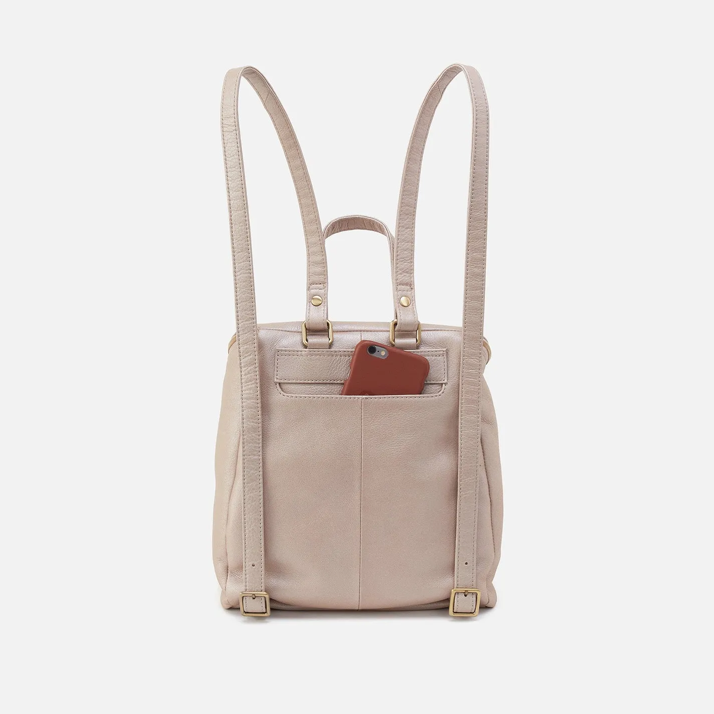 River Backpack In Pebbled Metallic Leather - Grey Mist